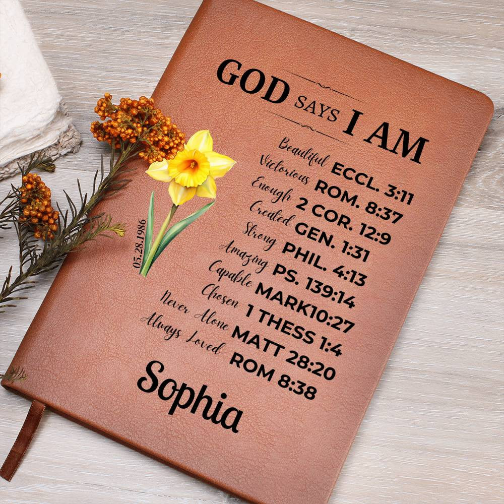 Personalized Prayer Journal| Christian Gift for Women|God Says I am Positive Affirmations|Leather Notebook|Graduation Gift |Birthday Gift